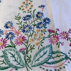 Vintage Hand Embroidered Floral Cotton Table Runner 40" x15" Hemstitching Edge